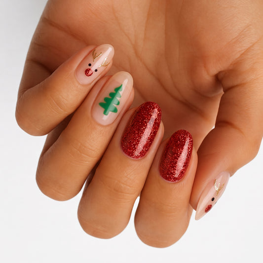 Holy Classics nail wraps: red glitter, nude with reindeer and green tree design