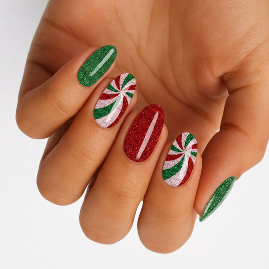 Holy Classics nail wraps, glittery red and green peppermint swirl Christmas design