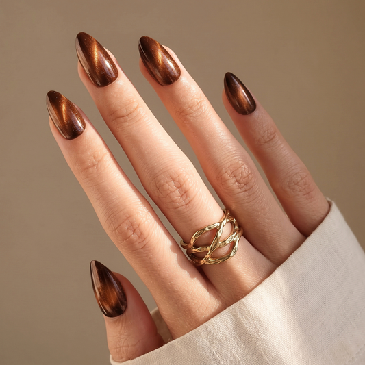 Chocolate brown cat-eye chrome press-on nails with almond shape