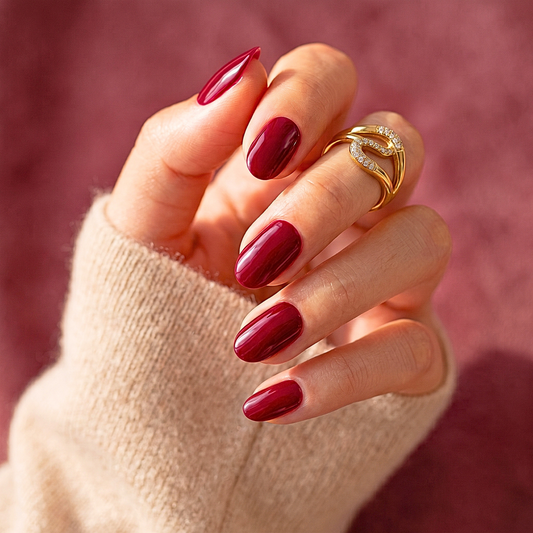 Deep wine red glossy semi-cured gel nail wraps on almond-shaped nails