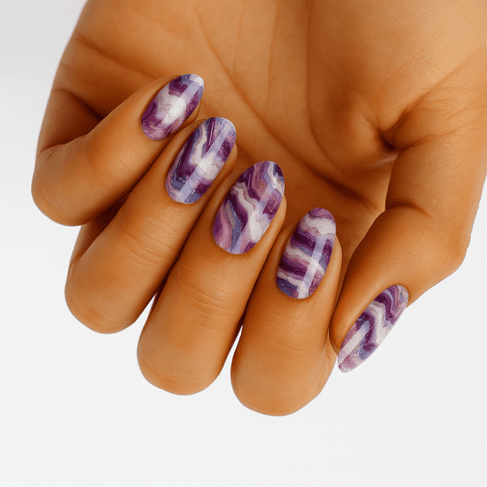 Wide fit purple marble nail wraps on hand displaying amethyst stone pattern