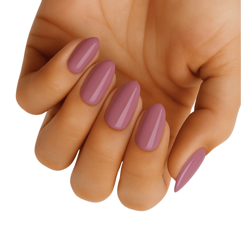 Dusty pink glossy nail wraps on hand showing classic mauve gel nail finish
