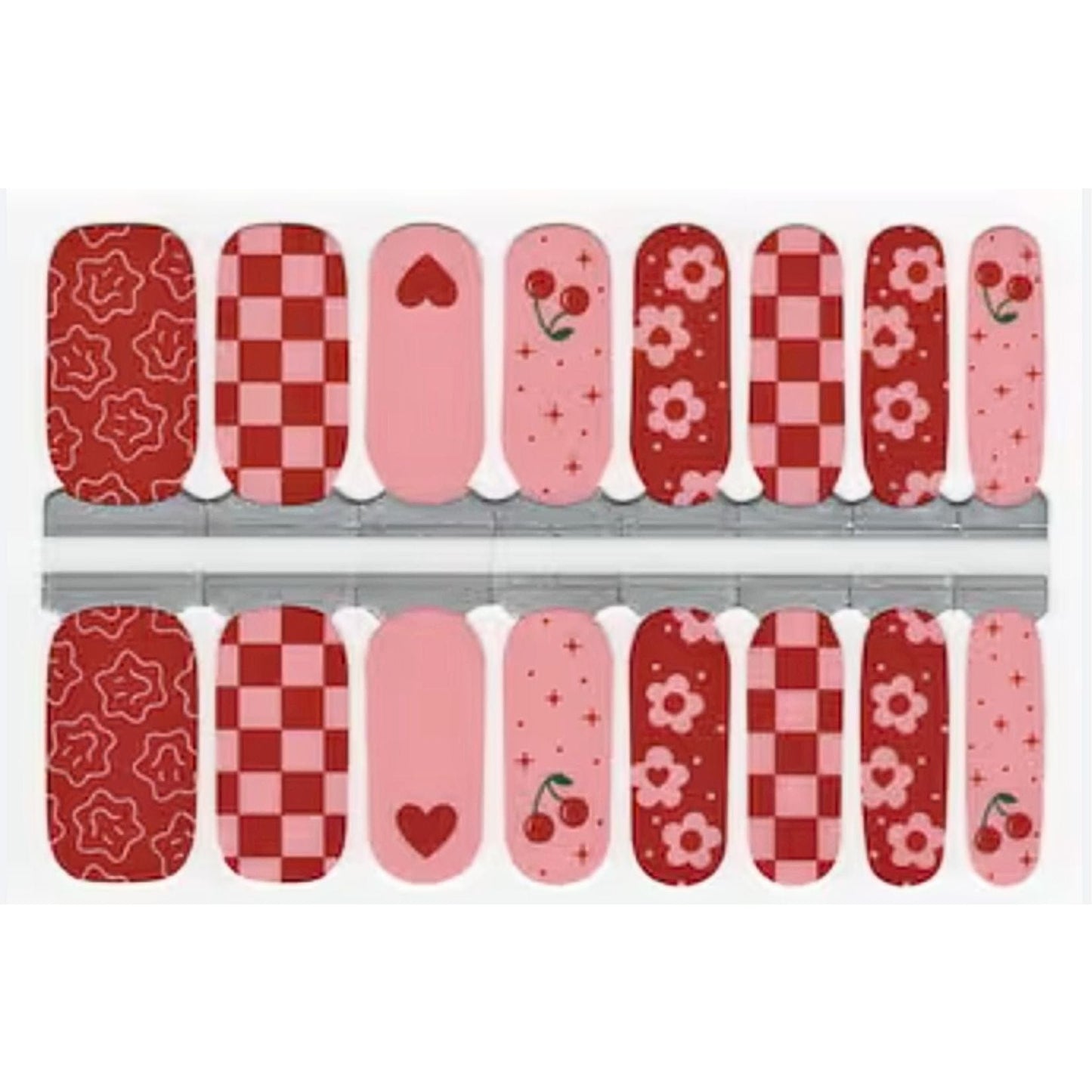 Sheet of cherry-themed nail wraps featuring red checkerboard and pink heart designs