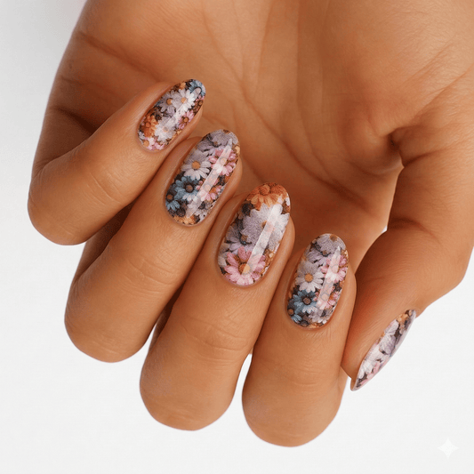 Multicolour floral nail wraps on hand featuring pastel watercolour flowers and botanical design