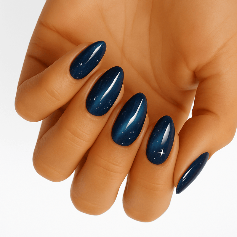 Hand showing navy blue glossy non-UV nail wraps with elegant almond shape manicure