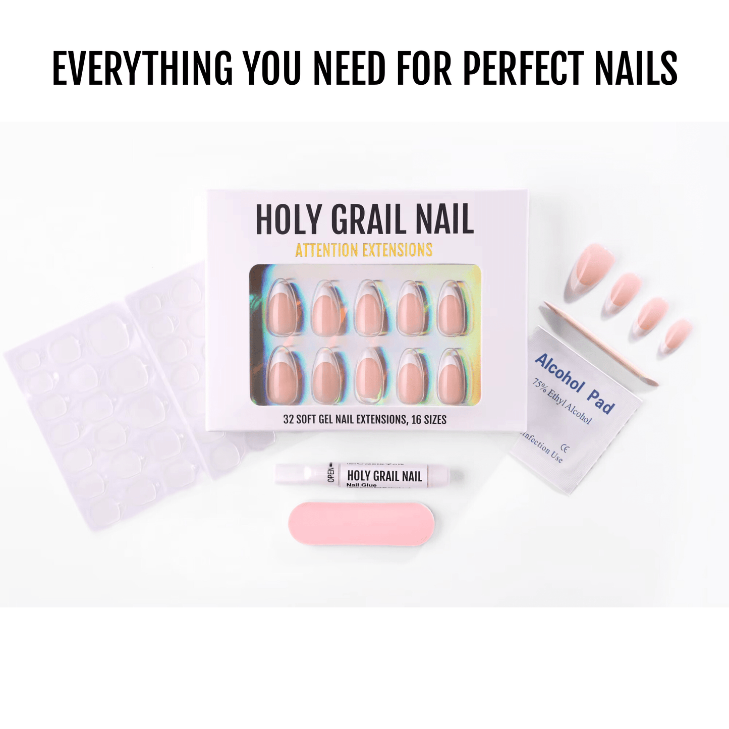 Complete nail care kit with glazed blue press-on nails, nail file, and accessories for at-home manicure