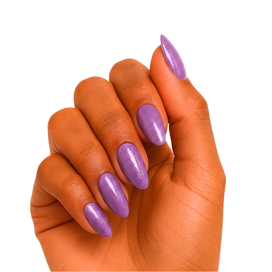 Lavender purple shimmer press-on nails, glossy finish on almond-shaped tips.
