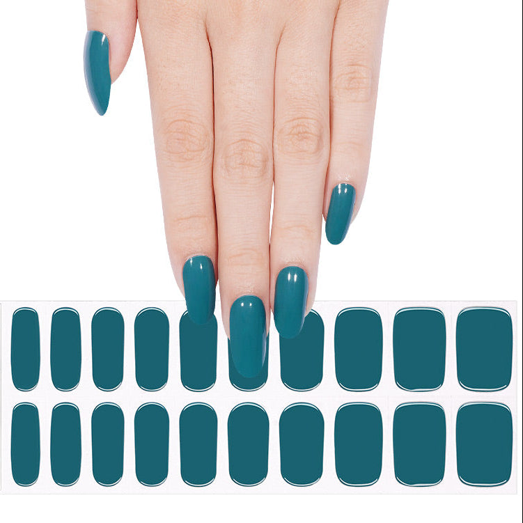 Solid teal glossy semi-cured gel nail wraps, shown on hand and full sheet.