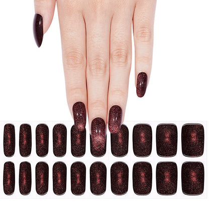 Deep wine-red cat-eye glitter semi-cured gel nail wraps with glossy finish, almond shape