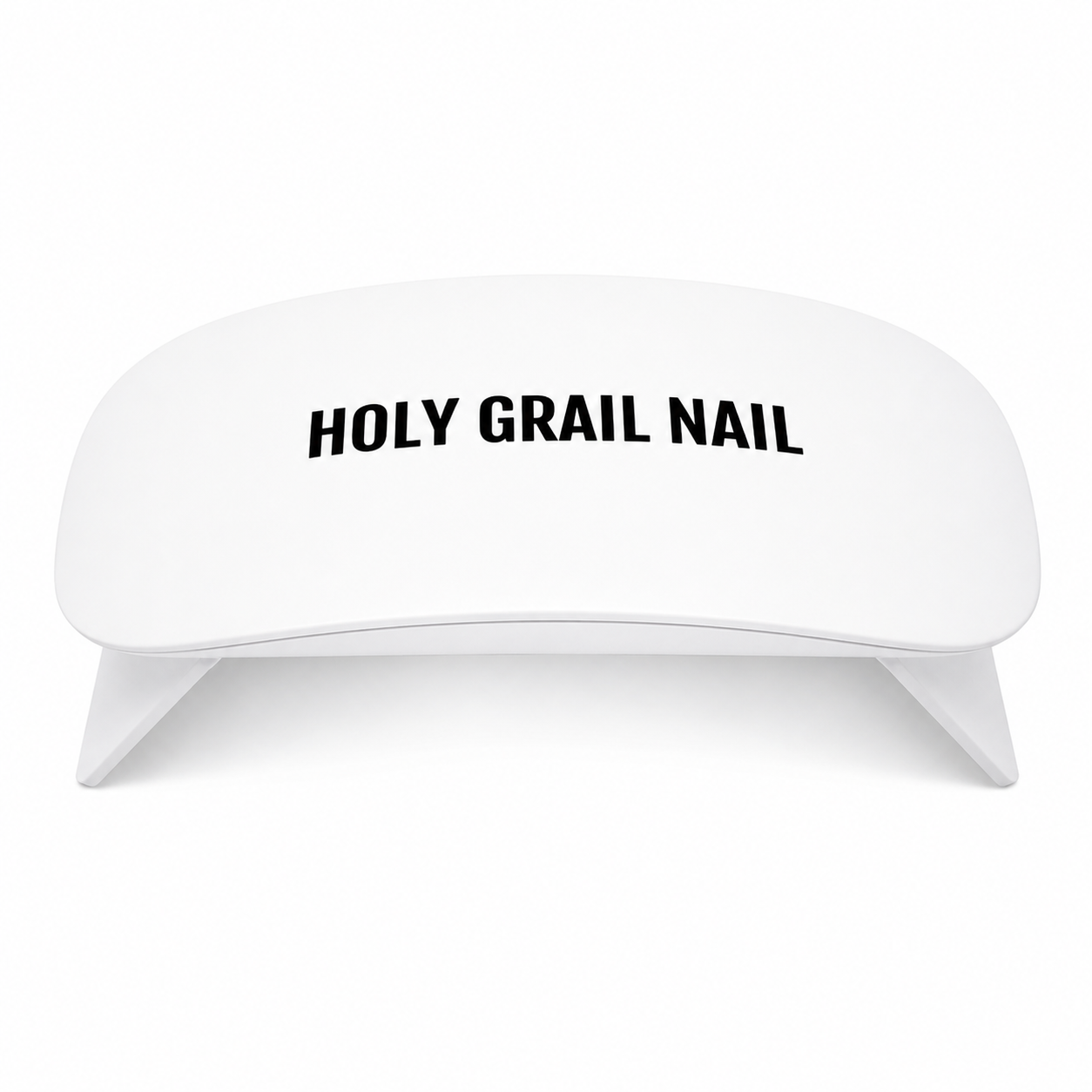 White mini LED lamp for curing semi-cured gel nail wraps, Holy Grail Nail logo.