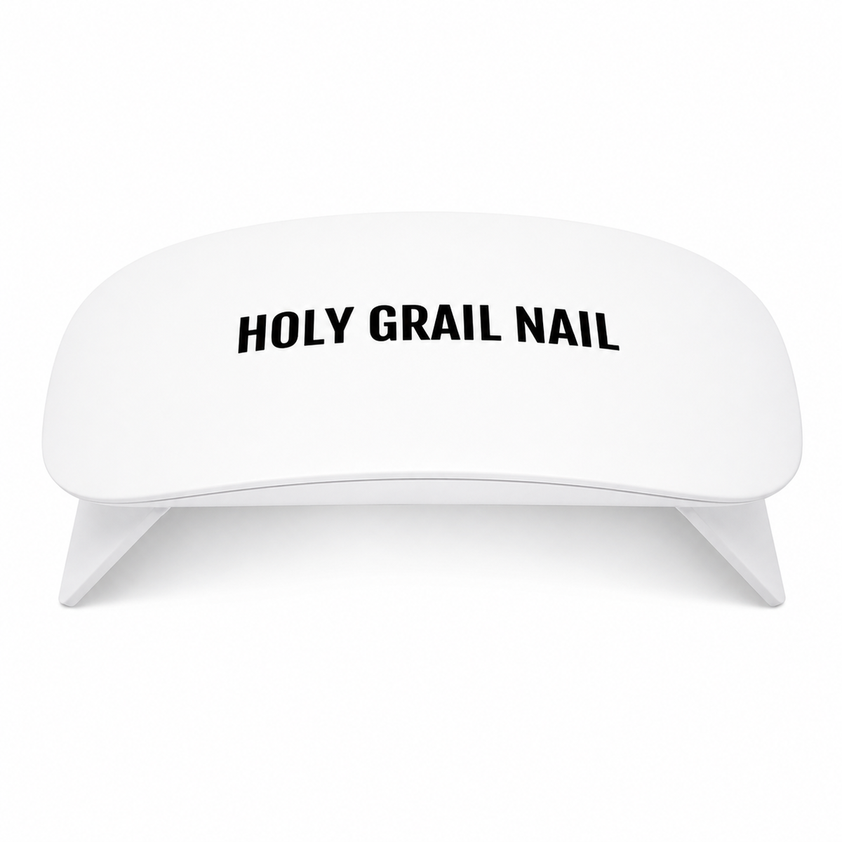 White mini LED lamp for curing semi-cured gel nail wraps, Holy Grail Nail logo.