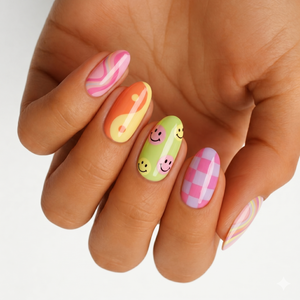 Glossy nail wraps with retro swirls, yin-yang, smiley faces and pink gingham pattern