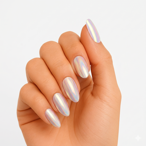 Pearlescent white chrome semi-cured gel nail wraps with iridescent finish, almond shape