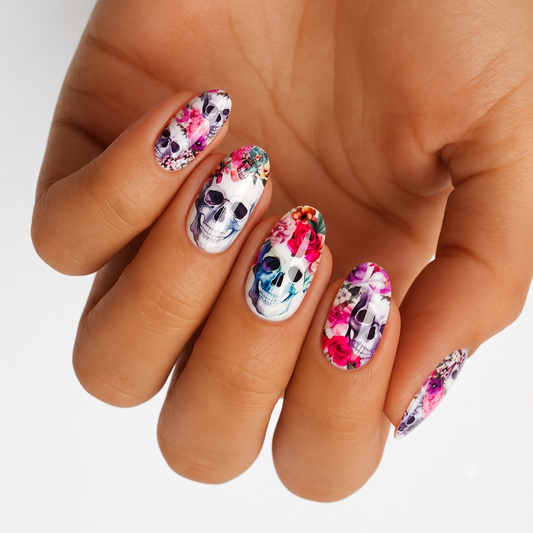Nail wraps with white base, sugar skull and pink floral Day of the Dead design