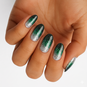 Green to silver glitter ombre semi-cured gel nail wraps, glossy almond shape