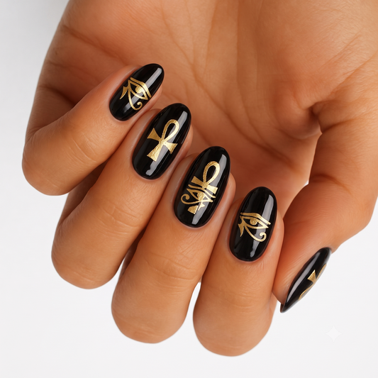 Glossy black nail wraps with gold Egyptian Eye of Horus and ankh symbols.