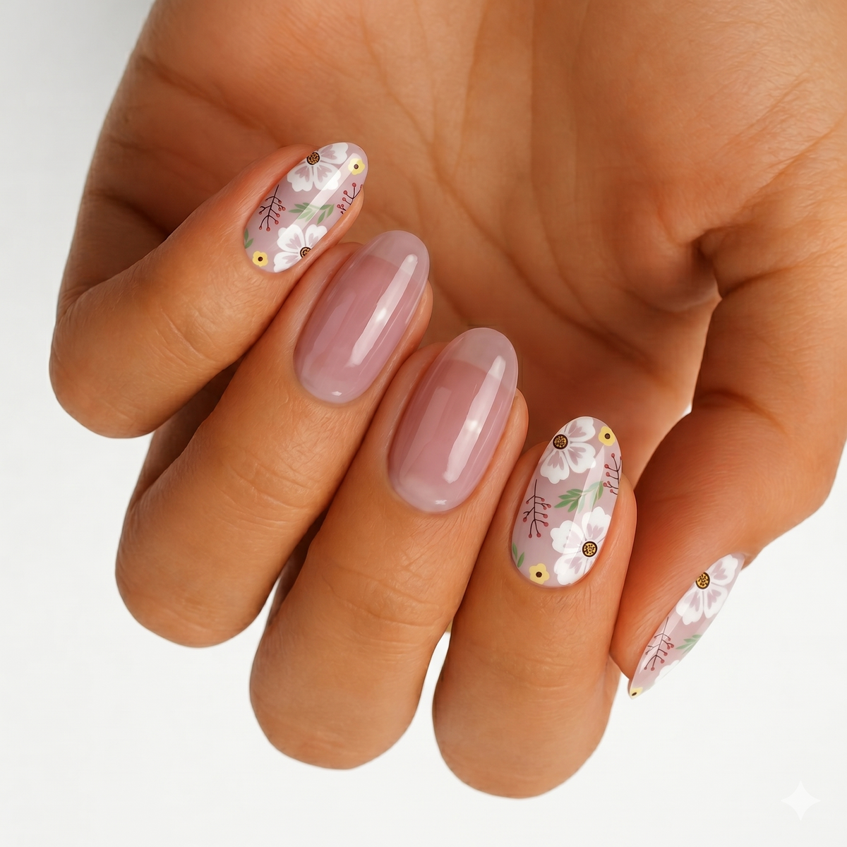 Sheer nude nail wraps with white floral accent nails and gold dot details