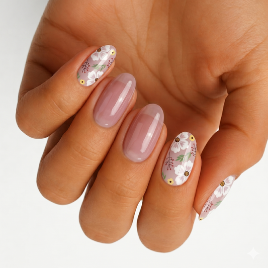 Sheer nude gel nails with white floral accent nails and gold dot details