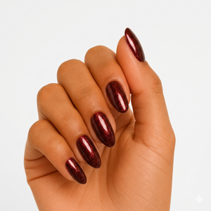 Dark red shimmer semi-cured gel nail wraps on almond-shaped nails, glossy finish