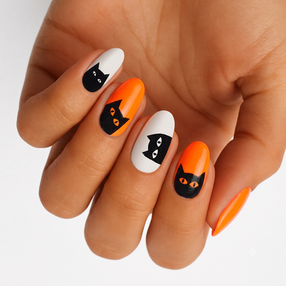 Orange and white nail wraps with black peeking cat face Halloween design