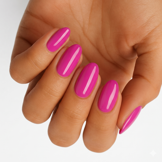 Glossy magenta pink semi-cured gel nail wraps on almond-shaped nails, solid color finish