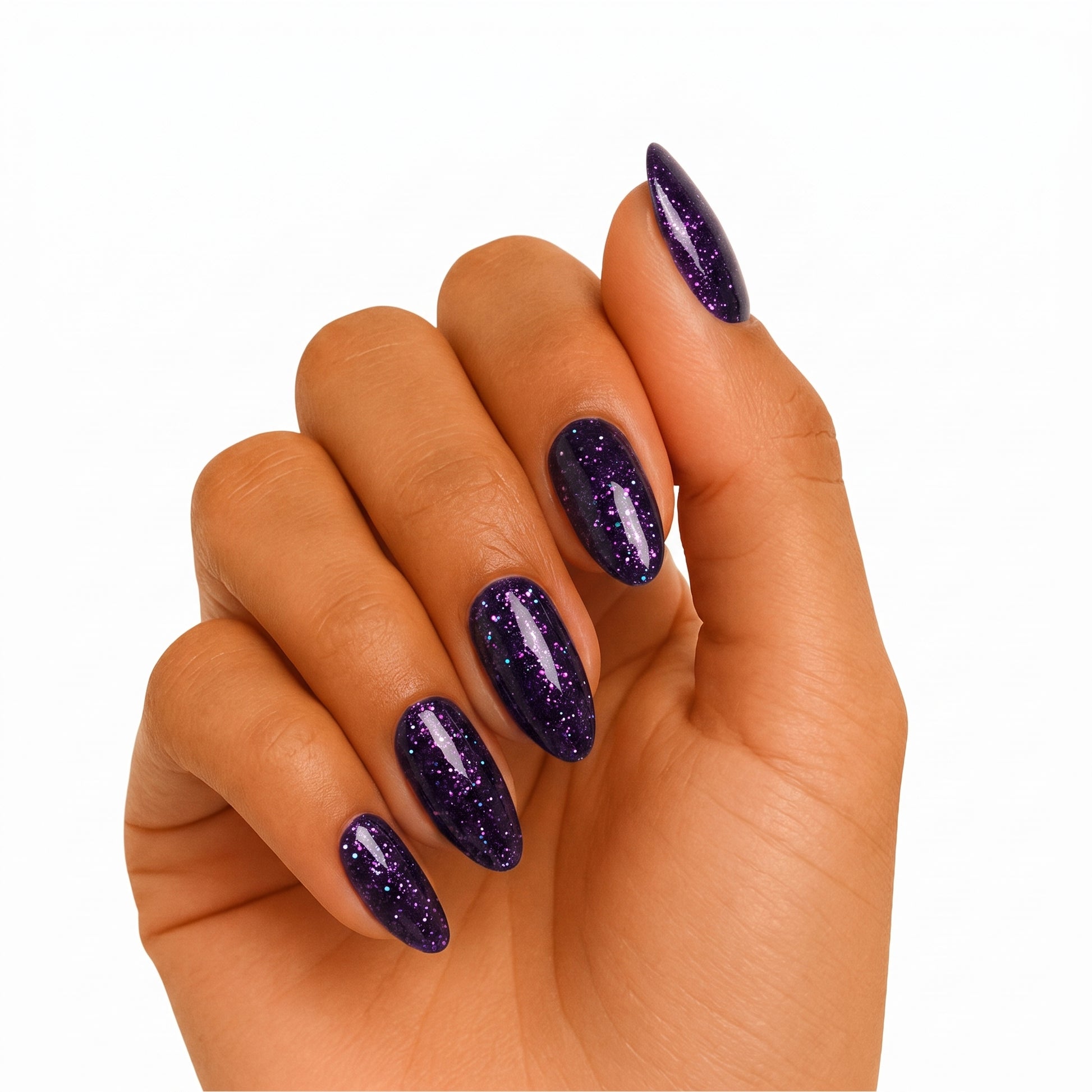 Deep purple glitter semi-cured gel nail wraps on almond-shaped nails, glossy finish.