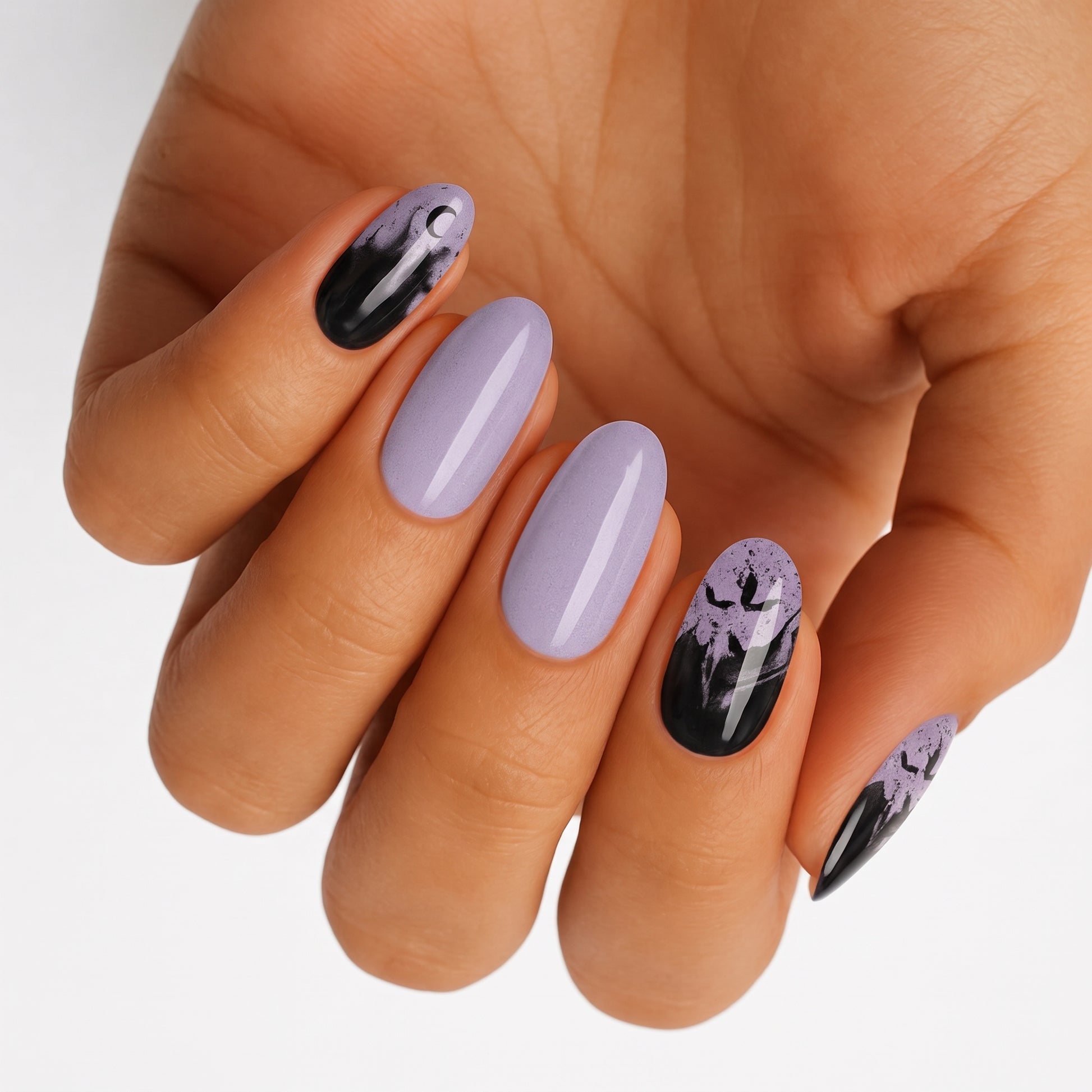 Lavender semi-cured gel nail wraps with black smoky Halloween bat accent design