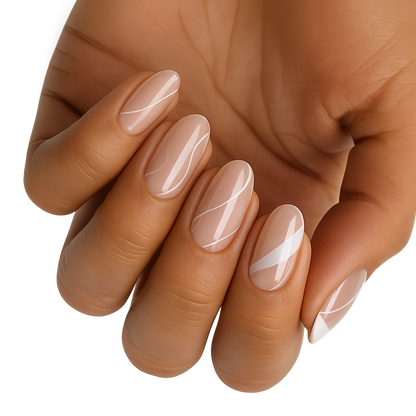 Translucent swirl pattern nail wraps on hand clean girl minimalist manicure design