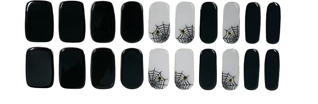 Glossy black semi-cured gel nail wraps with white spiderweb and spider accent nails