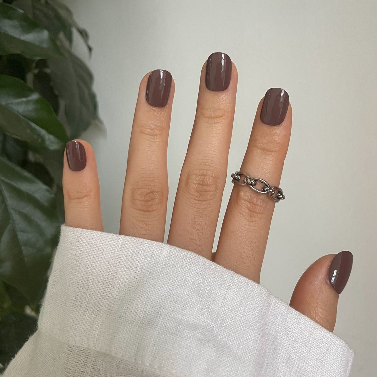 Chestnut brown glossy soft gel press-on nails, short square shape, solid colour finish