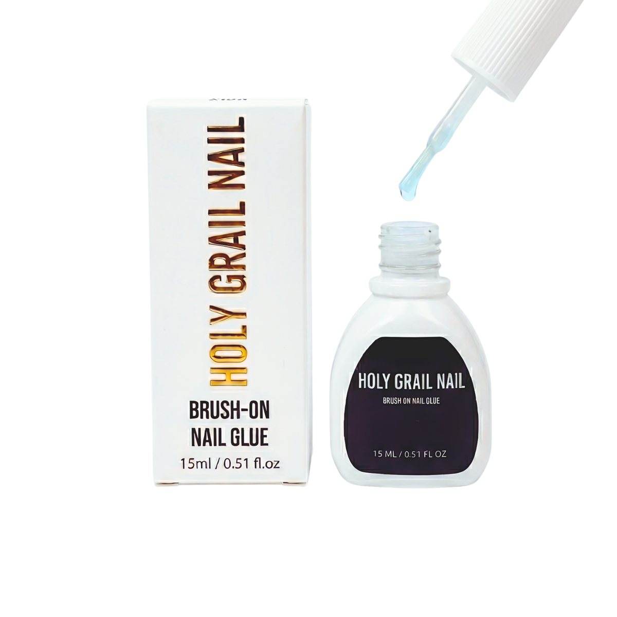Holy Grail Nail brush-on nail glue bottle with box, 15ml clear adhesive dripping from brush