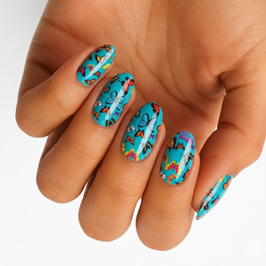 Turquoise nail wraps with colorful multicolor butterfly print, glossy semi-cured gel finish