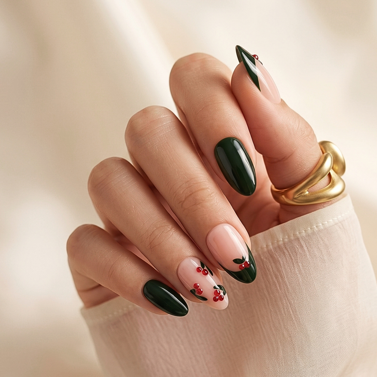 Dark green glossy press-on nails with nude tips, French edges, and red berry accents