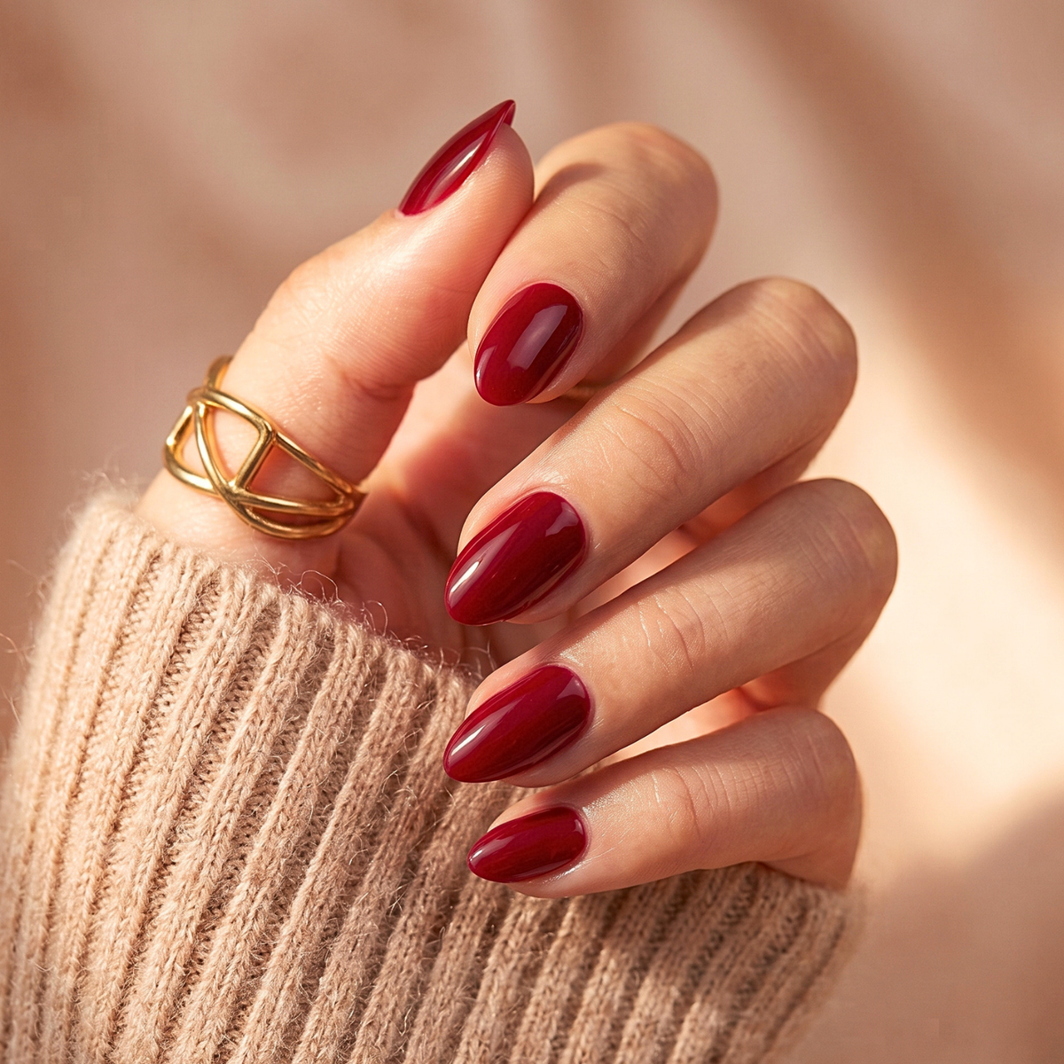 Deep burgundy-red glossy soft gel press-on nails in an almond shape