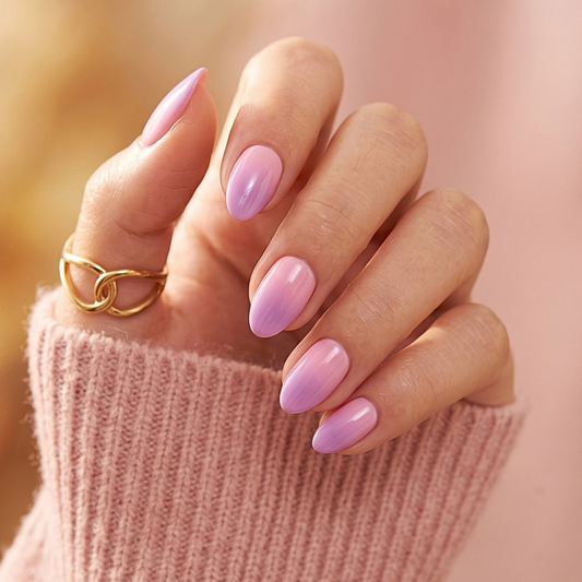 Soft gel press-on nails in pink-lilac shimmer with pearlescent sheen, almond shape
