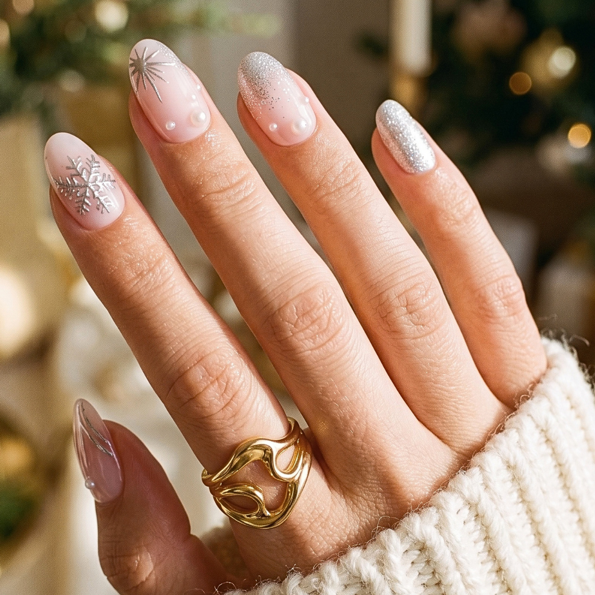 Sheer pink soft gel press-on nails with silver snowflakes, glitter, and pearl accents