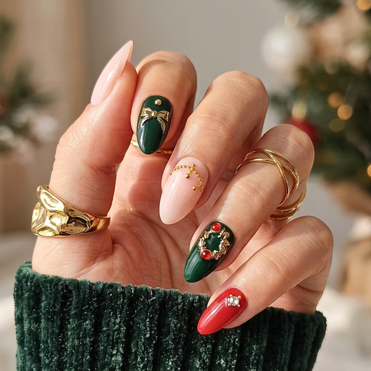 Sleigh Queen soft gel press-on nails: green, red and nude with gold bow and gem charms