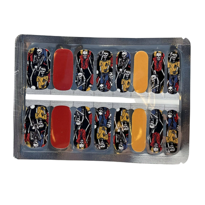 Semi-cured gel nail wraps with skeleton print, solid red and mustard yellow accents