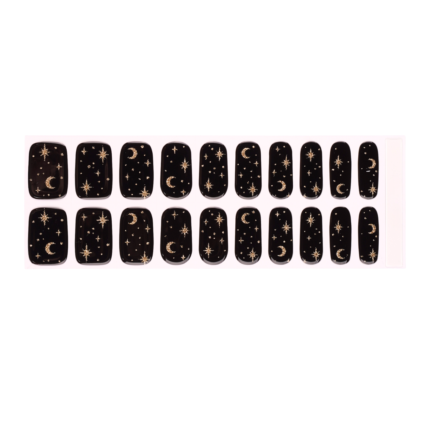 Black semi-cured gel nail wraps with gold celestial moon and star design