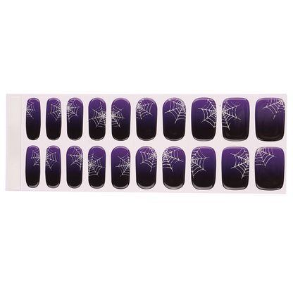 Semi-cured gel nail wraps, deep purple with white spiderweb design, glossy finish