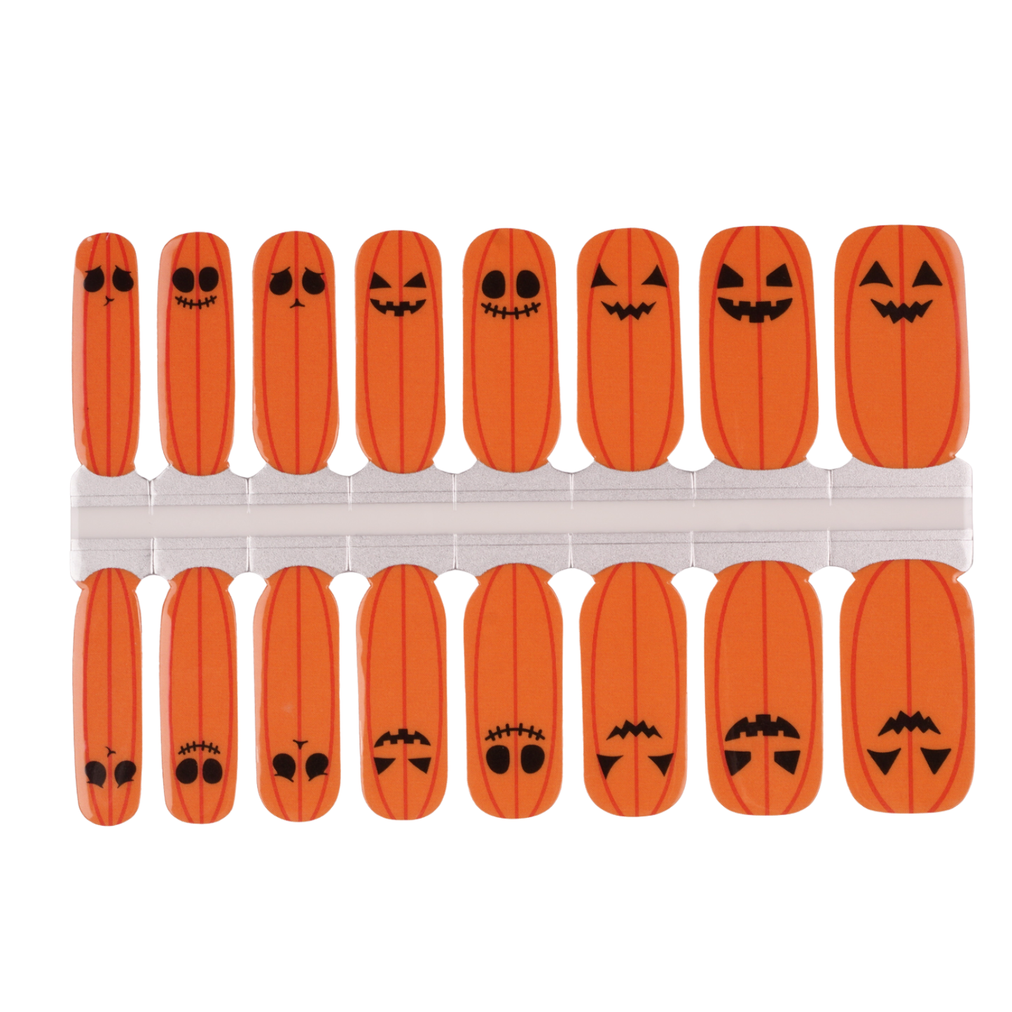 Orange semi-cured gel nail wraps with jack-o'-lantern pumpkin face Halloween designs