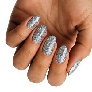 Silver glitter texture nail wraps in a glossy fine-glitter finish, oval shape