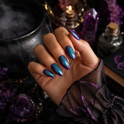 Soft gel press-ons, short almond, teal-to-purple cat's eye shimmer finish