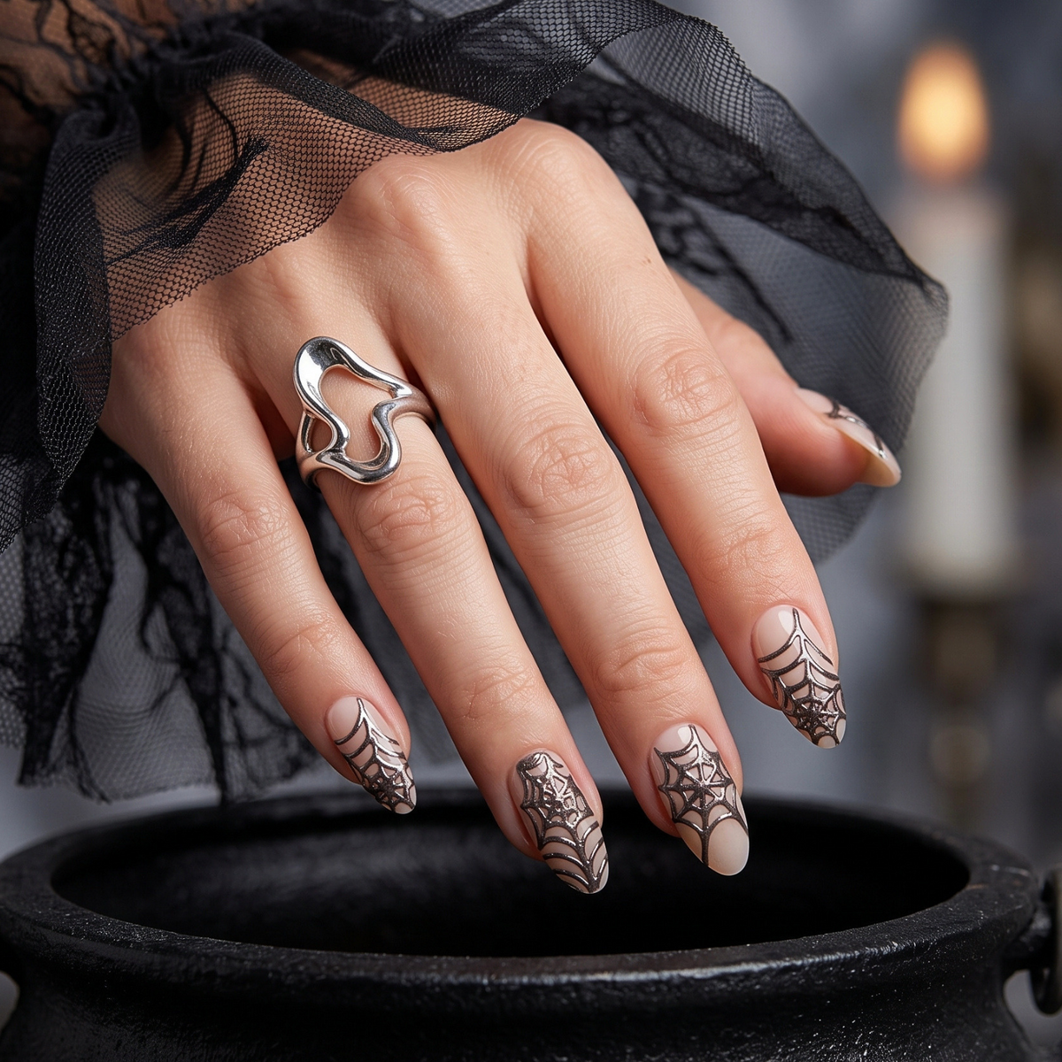 Sheer nude press-on nails with black spider web French tip Halloween design