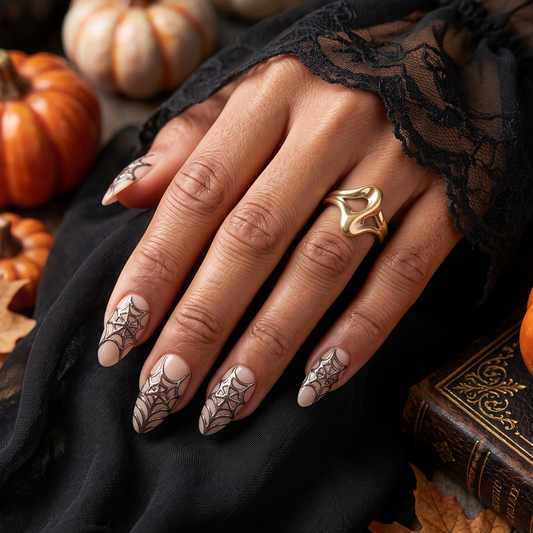 Nude semi-cured gel nail wraps with black spiderweb tips, glossy finish, almond shape.