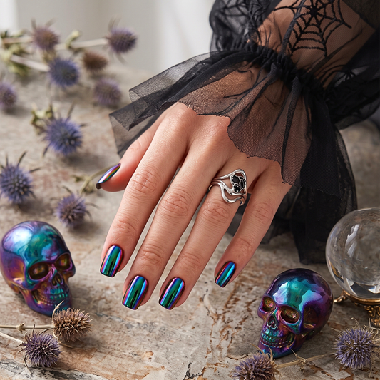 Chrome oil-slick press-on nails in blue-green-purple metallic finish, square shape