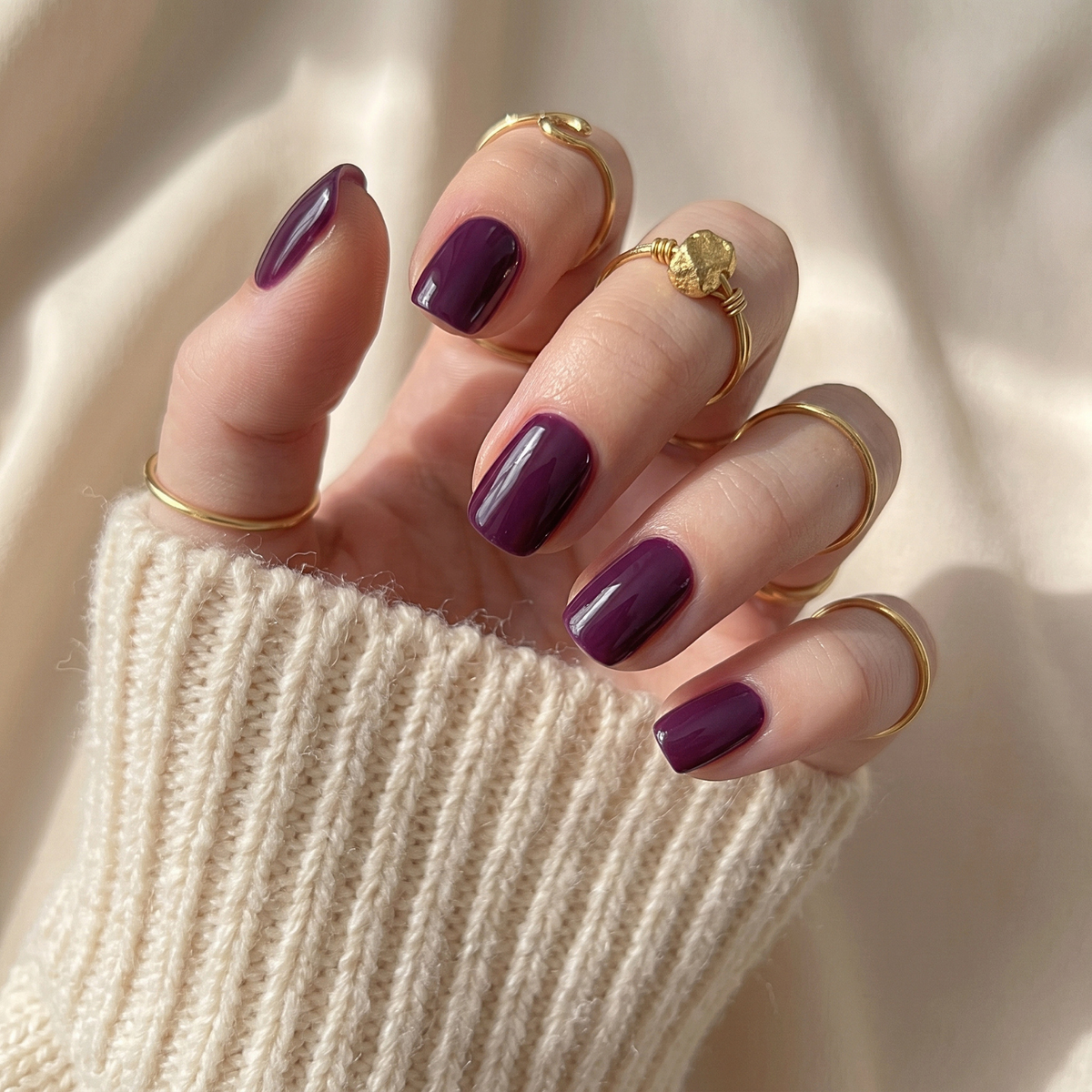 Deep plum glossy soft gel press-on nails, short square shape, on hand with gold rings