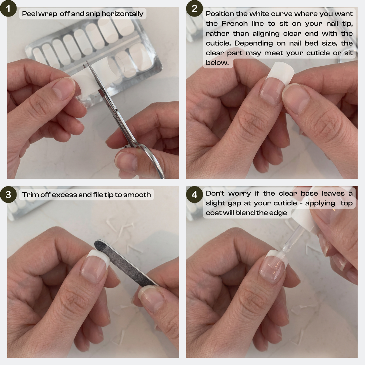 Step-by-step guide applying white French-tip Holy Classics nail wraps with scissors and file