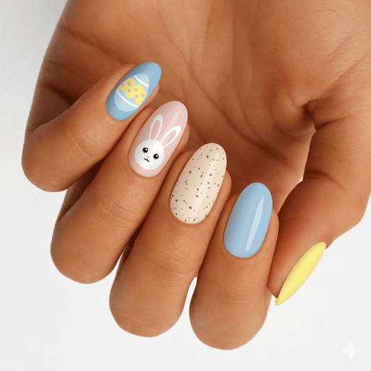 Pastel Easter nail art on hand featuring cute bunny faces, yellow and blue gel nail wraps