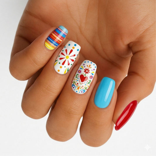 Colourful nail wraps on hand featuring rainbow stripes, floral patterns and solid blue design